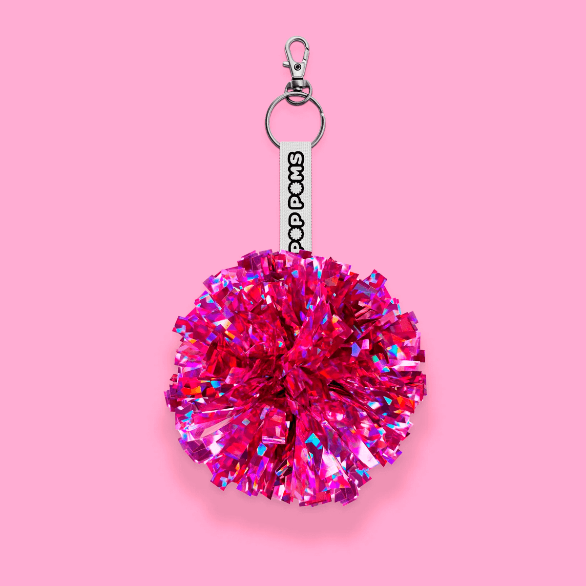 Hot pink shattered holographic pom pom avaimenperä